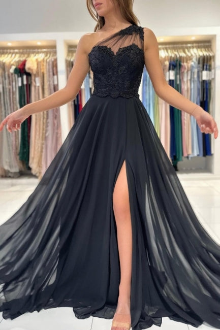 Modern Long Black Evening Gown One Shoulder Lace Ball Dresses With Split Online