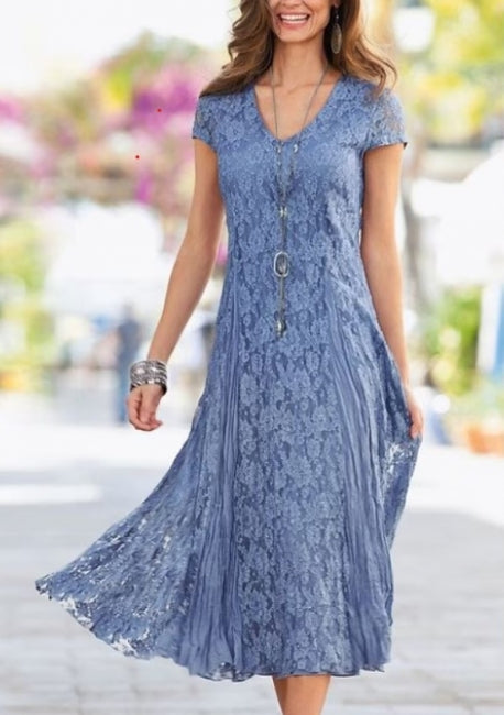 Charming V-Neck Short Sleeves Long Lace Mother of the Bride Dress