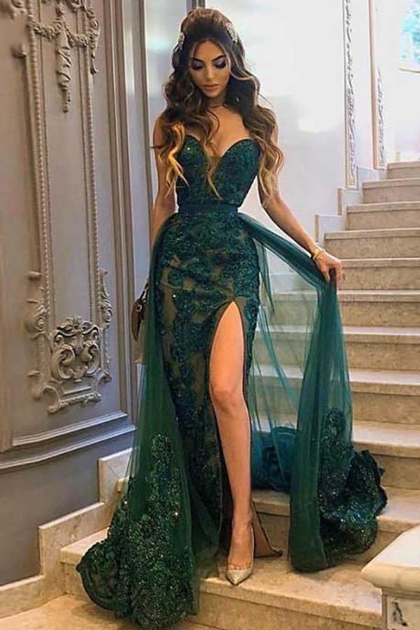 Elegant Green Prom Dress Long Ball Dresses With Overskirt Sweetheart