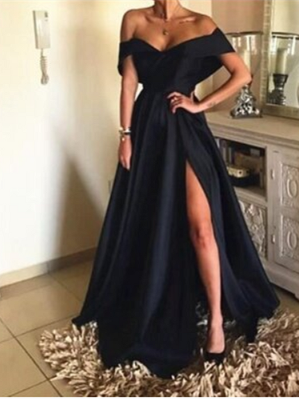 Shinning Black Long Evening Dress With Split On Sale Off-the-Shoulder