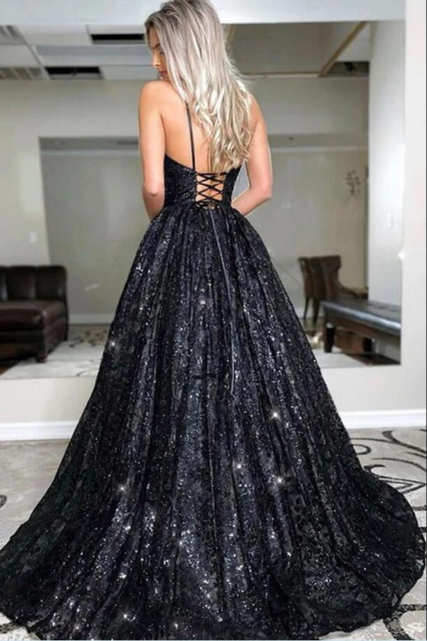 Elegant Black Sequins Long Evening Prom Dress Spaghetti-Straps