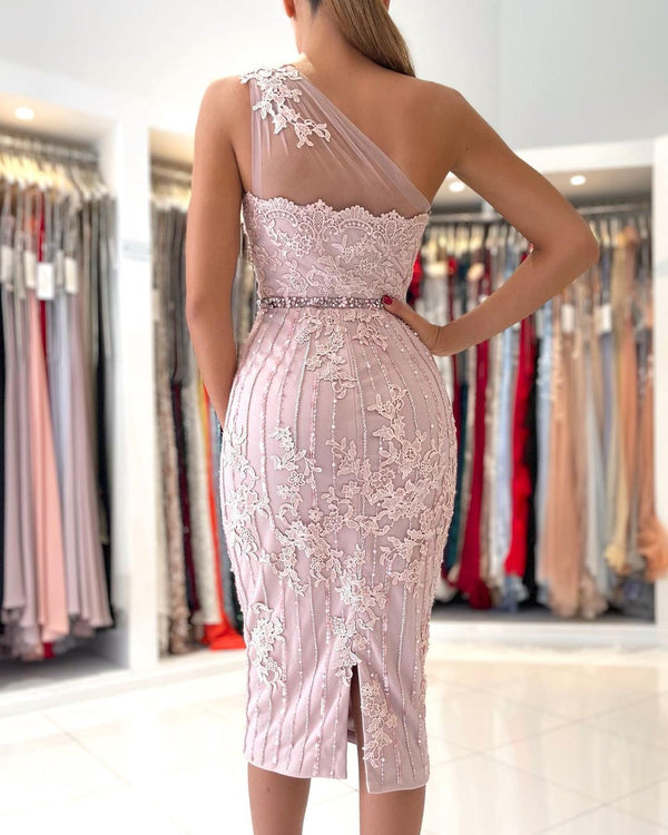 Beautiful Lace Sheath Prom Dress On Sale With Crystal One Shoulder