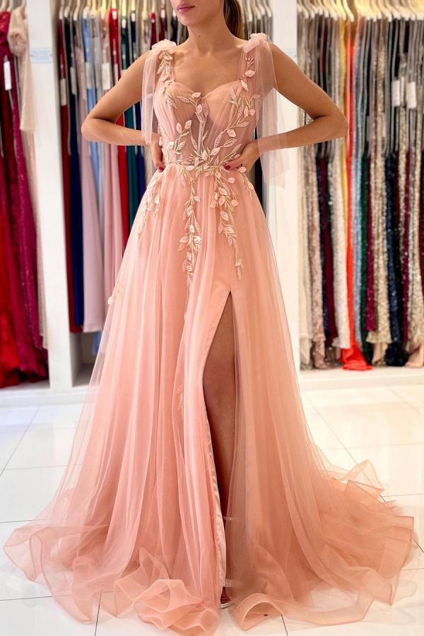 Elegant Straps Tulle Evening Dress Long With Split Sweetheart