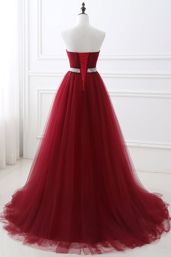 Beautiful Burgundy Long Prom Dress Tulle Crystal Evening Gown Sweetheart