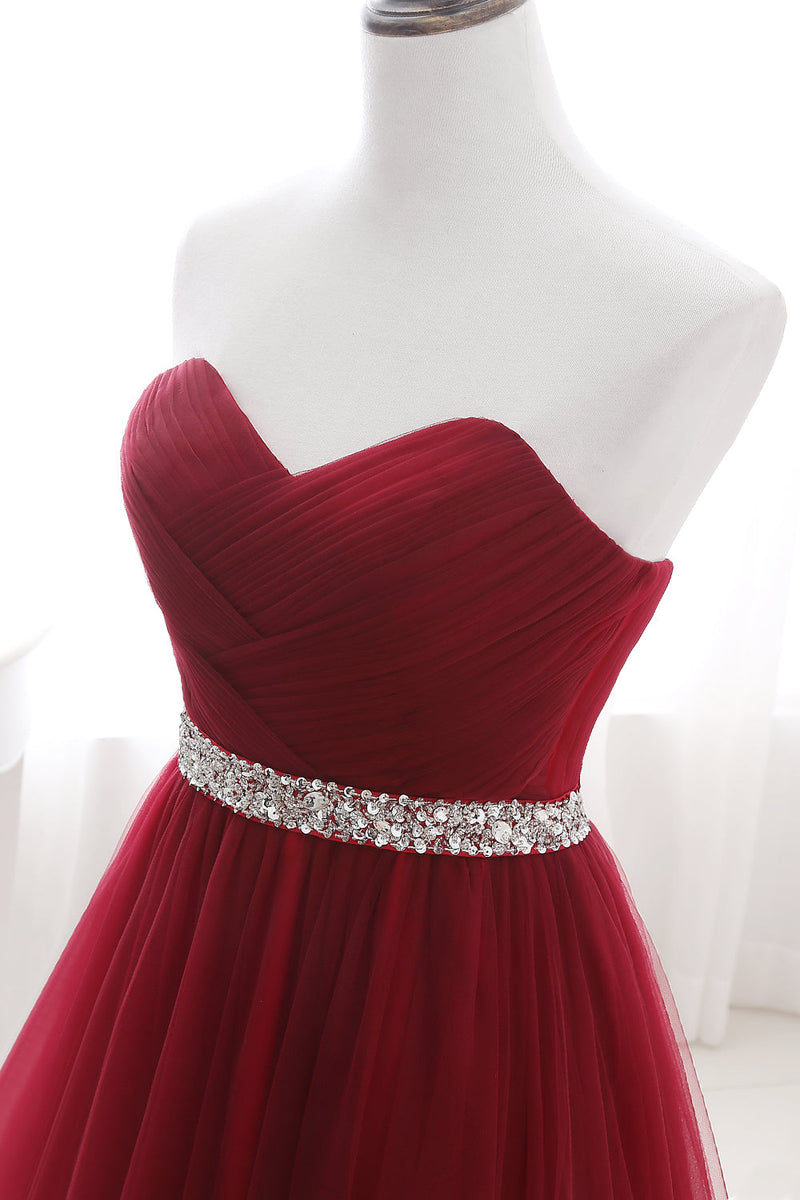 Beautiful Burgundy Long Prom Dress Tulle Crystal Evening Gown Sweetheart