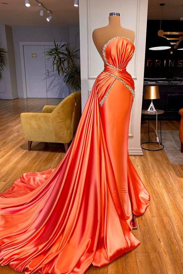 Glamorous Orange Mermaid Prom Dress With Detachable Train Crystal