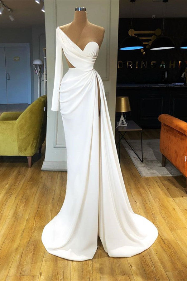 Modern White One Shoulder Prom Dress With Split Long Sleeve
