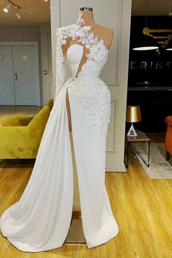 Beautiful One Shoulder Prom Dress With Lace Appliques Side Slit Long Sleeve