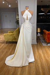 Ivory Long Evening Prom Dress With Split Detachable Train Halter