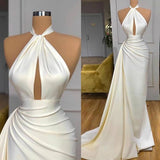 Ivory Long Evening Prom Dress With Split Detachable Train Halter