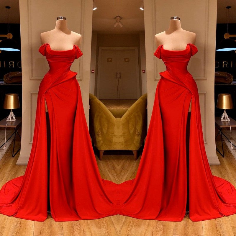 Shinning Red Long Prom Dress With Split On Sale Off-the-Shoulder