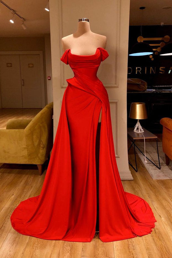 Shinning Red Long Prom Dress With Split On Sale Off-the-Shoulder