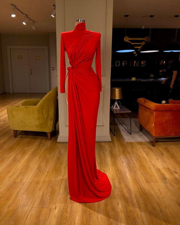 ElegantLong Sleeve Red Prom Dress Long With Split High Neck