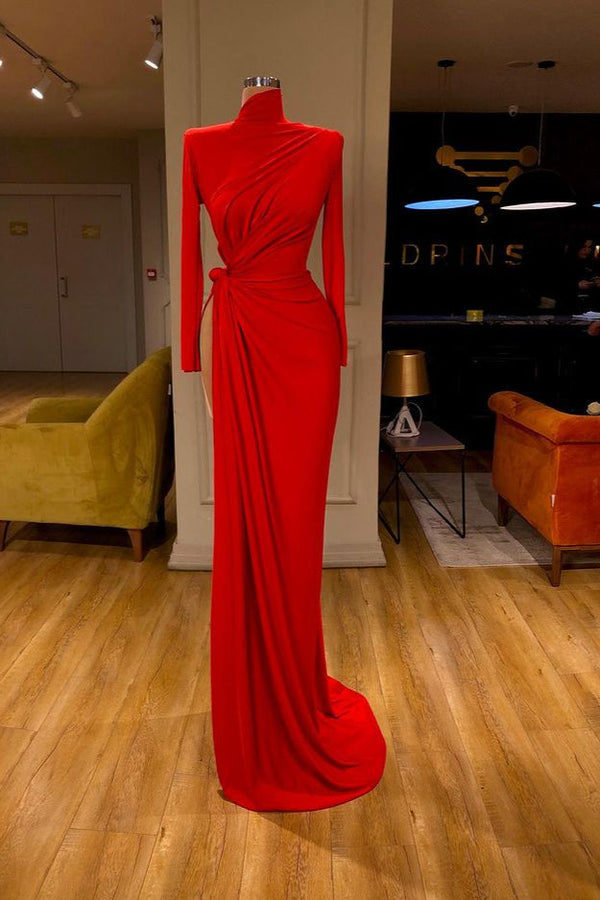 ElegantLong Sleeve Red Prom Dress Long With Split High Neck