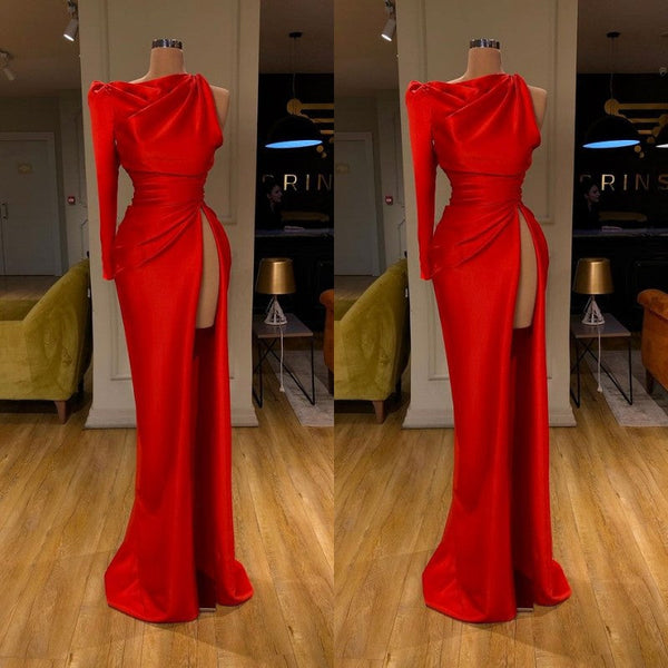 Trendy One-shoulder High-split Soft pleated Red Prom Dress Long sleeves