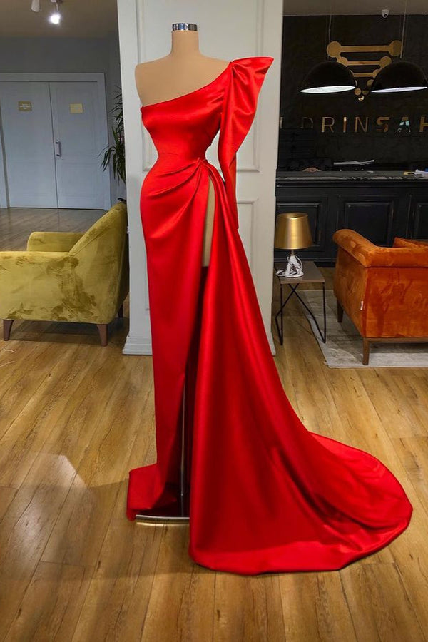 Trendy Bubble Sleeve Red High-split Long Evening Dress One-shoulder