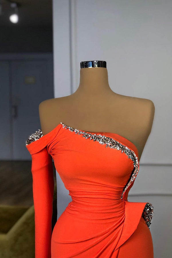 Trendy Strapless Orange Sequined Long Prom Dress Long sleeves