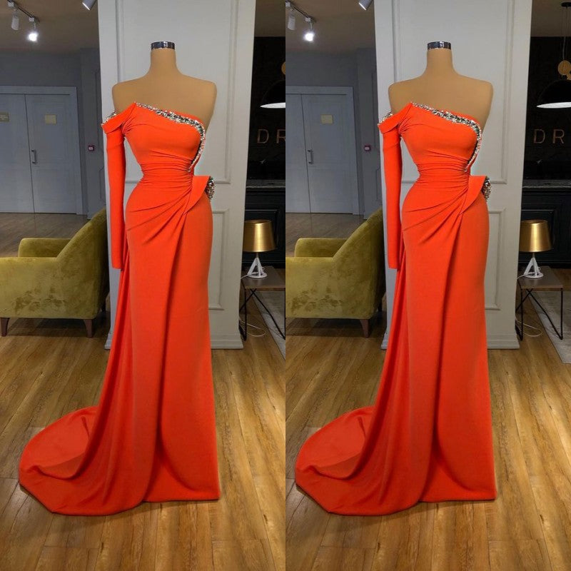 Trendy Strapless Orange Sequined Long Prom Dress Long sleeves