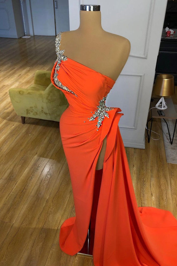 Trendy Silver Sequined Orange High-split Prom Dress One-shoulder