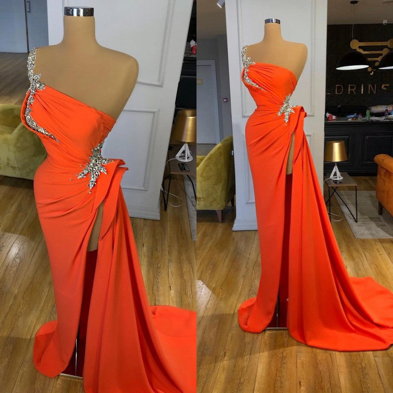 Trendy Silver Sequined Orange High-split Prom Dress One-shoulder