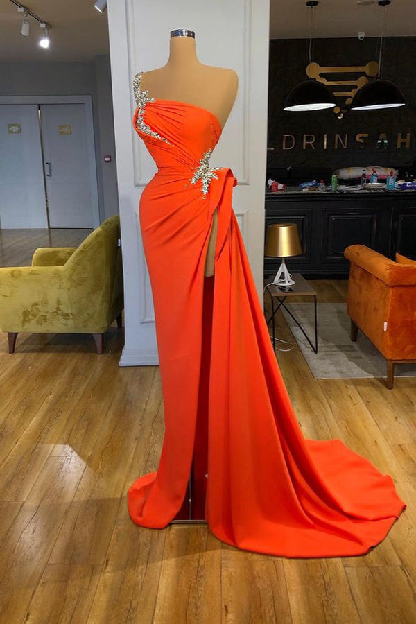 Trendy Silver Sequined Orange High-split Prom Dress One-shoulder