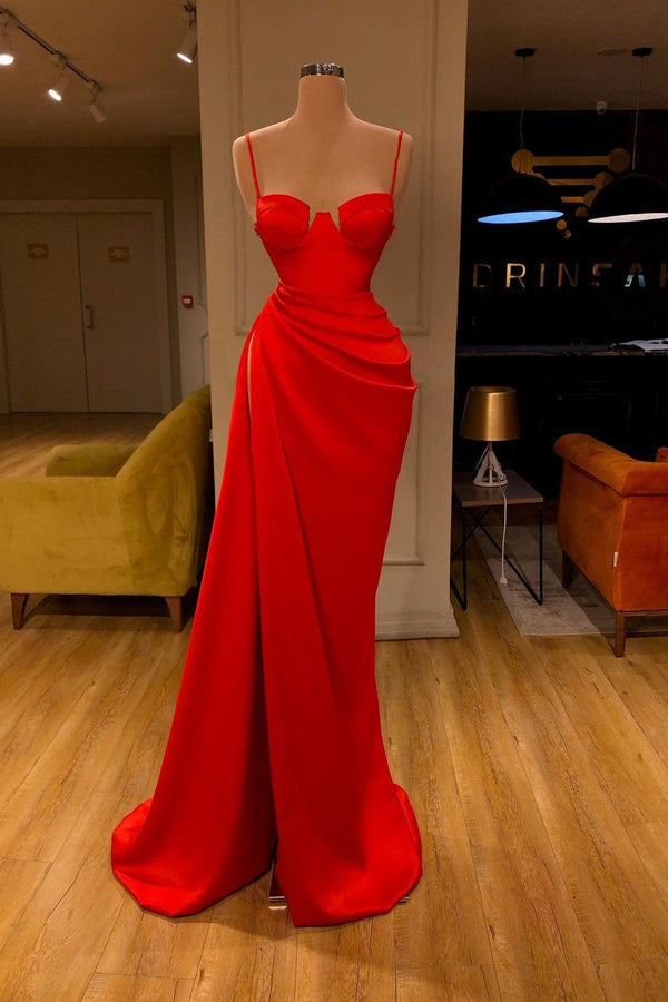 Beautiful Stunning Round Cup High split Red Prom Dress Spaghetti Strap