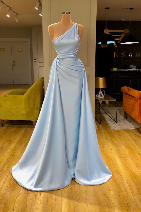 Modern Light Blue Overskirt Soft-pleated Prom Dress One-shoulder