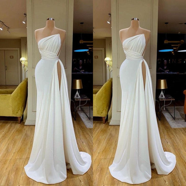 Trendy Strapless Creamy White Pleated Long Prom Dress High-split