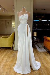 Trendy Strapless Creamy White Pleated Long Prom Dress High-split