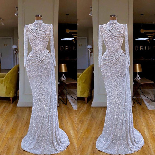 Trendy Sparkle White Long sleeves Pleated Long Prom Dress Sequin