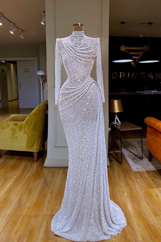 Trendy Sparkle White Long sleeves Pleated Long Prom Dress Sequin