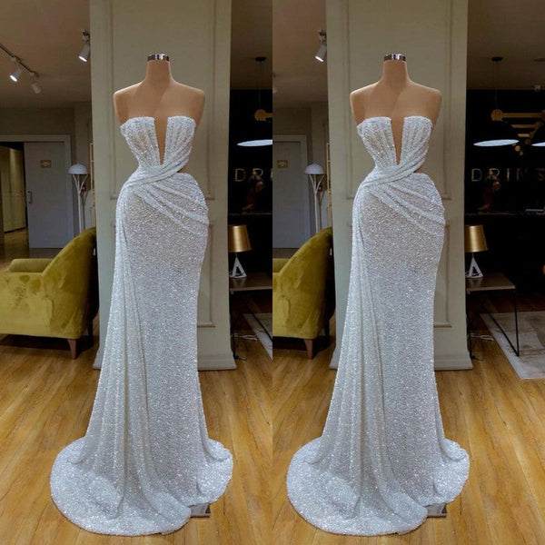 Trendy Plunging Sparkle White Sequined Strapless Prom Dress V-neck