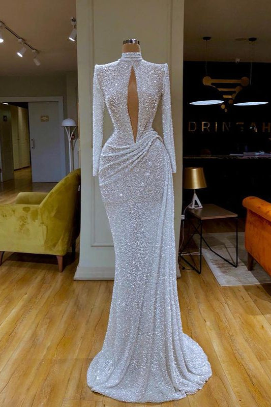 Classic Long Sleeve Sequins Prom Dress Mermaid Long High Neck