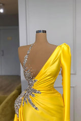 Illusion neck Bright Yellow Bubble Sleeves Prom Dress One shoulder