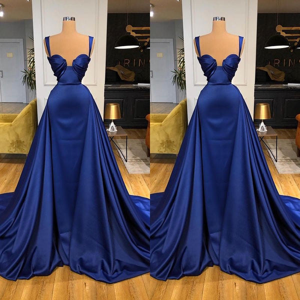 Amazing Royal Blue Straps Prom Dress Overskirt With Detachable Train Sweetheart