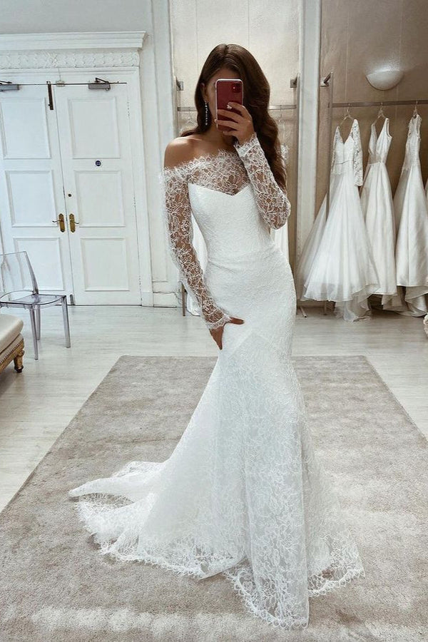 Beautiful Off-the-Shoulder Lace Wedding Dress Mermaid Bridal Gowns Long Sleeves