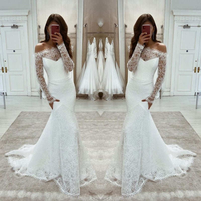 Beautiful Off-the-Shoulder Lace Wedding Dress Mermaid Bridal Gowns Long Sleeves