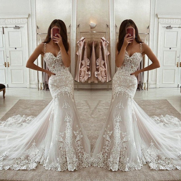 Beautiful Straps Lace Wedding Dress Mermaid Long Bridal Gown Sweetheart