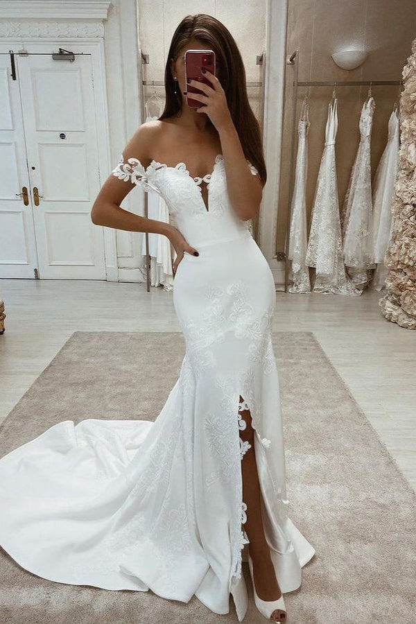 White Lace Mermaid Wedding Dress Split Off-the-Shoulder