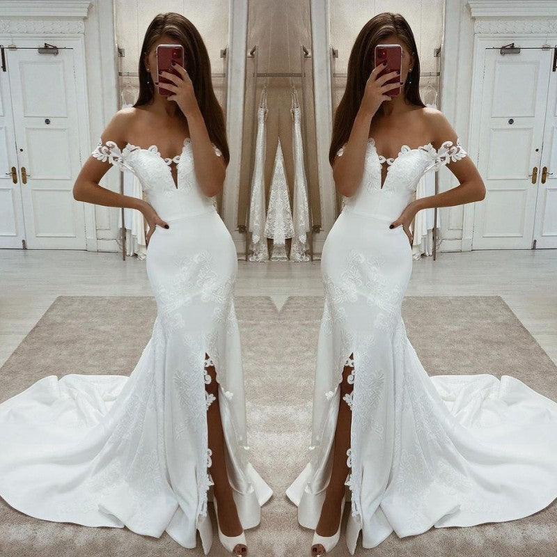 White Lace Mermaid Wedding Dress Split Off-the-Shoulder
