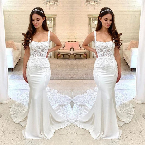 Beautiful Lace Wedding Dress Mermaid Long Bridal Gown Straps