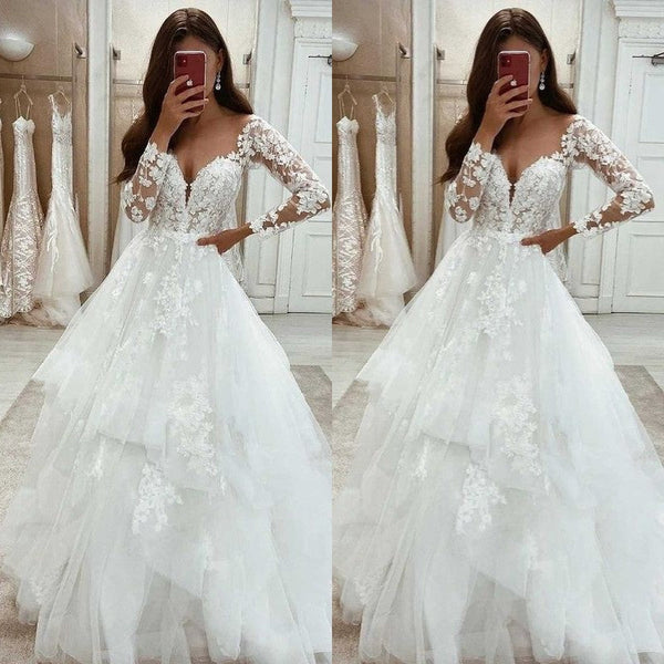 Long Sleeves Lace Wedding Dress Princess Bridal Gown V-Neck