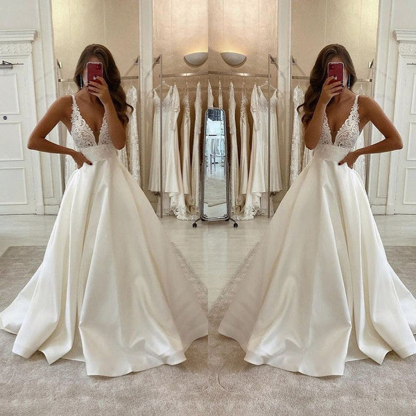Modern V-Neck Long Wedding Dress A-Line Bridal Gown Sleeveless