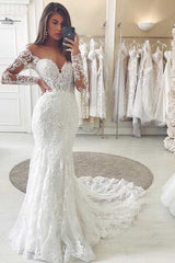 Amazing Long Sleeves Lace Wedding Dress Mermaid Bridal Gown Off-the-Shoulder