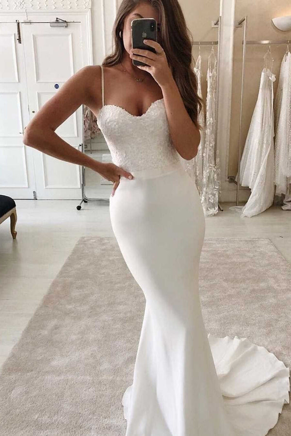 Beautiful Mermaid Lace Wedding Dress Long Spaghett-Straps