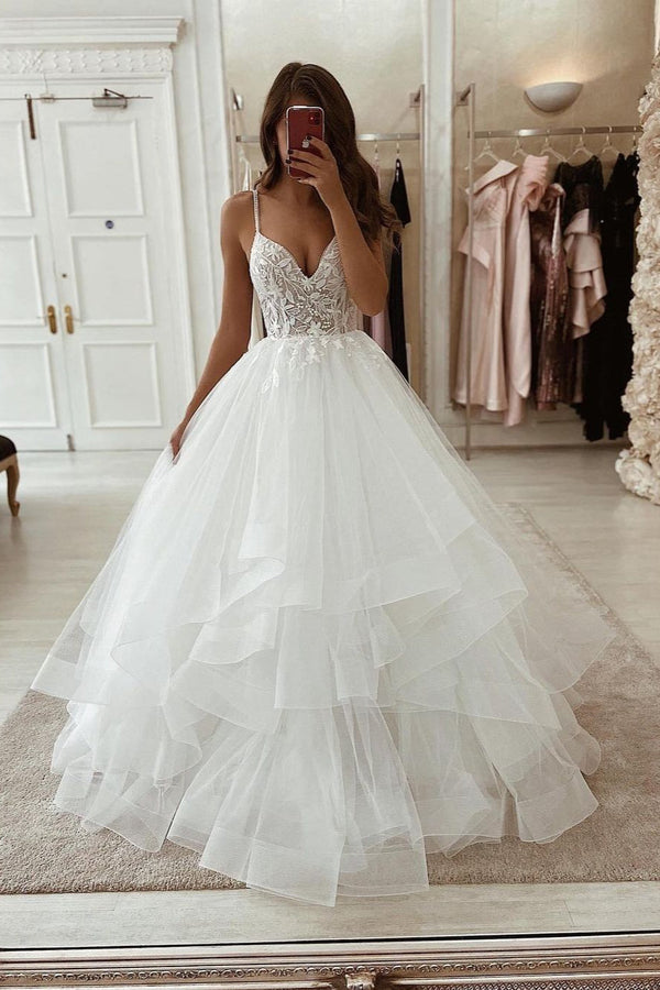 Amazing Tulle Ruffles Wedding Dress Lace Bridal Gowns Spaghetti-Straps