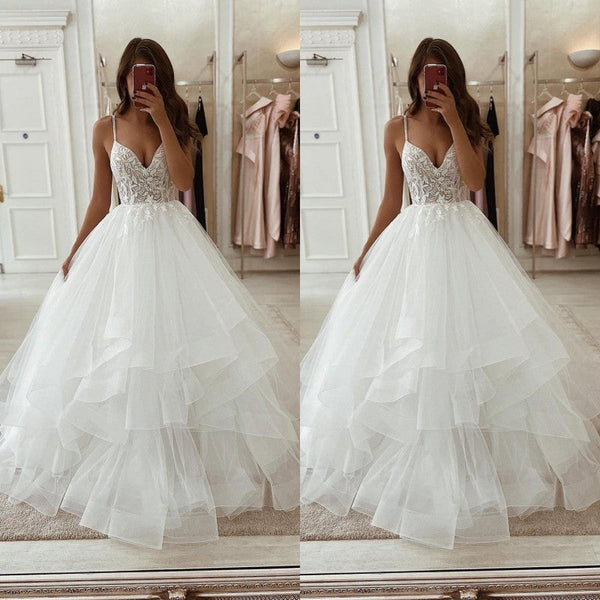 Amazing Tulle Ruffles Wedding Dress Lace Bridal Gowns Spaghetti-Straps