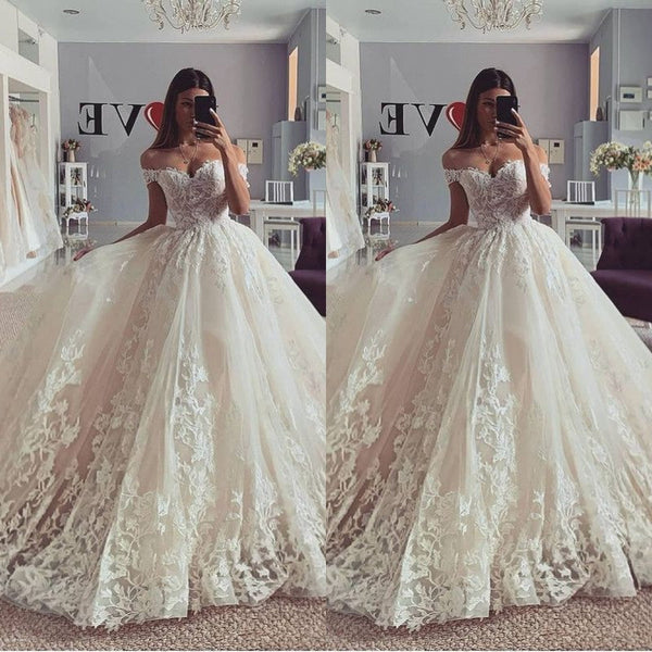 Elegant Ball Gown Princess Wedding Dress Lace Bridal Gown Off-the-Shoulder