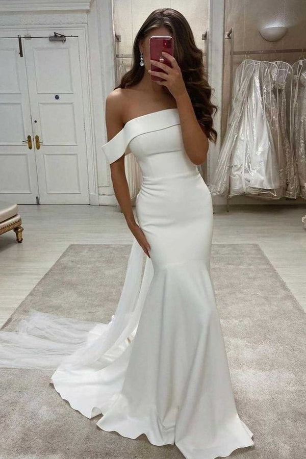 Modern White Mermaid Wedding Dress On Sale Off-the-Shoulder