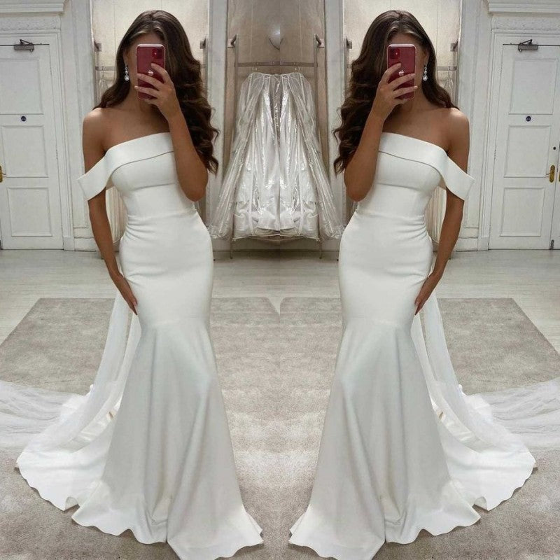 Modern White Mermaid Wedding Dress On Sale Off-the-Shoulder
